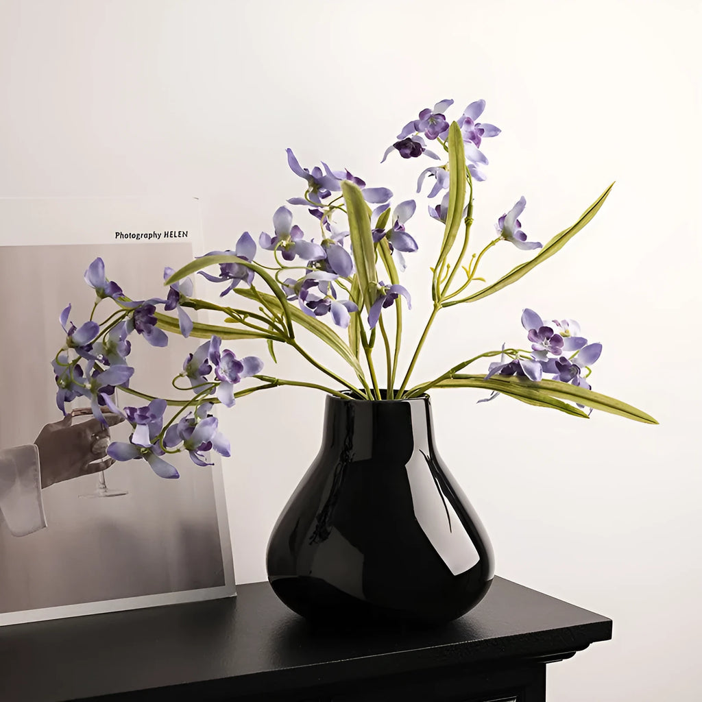 Ceramic round belly French vase with coloured glaze finish and fabric flowers in black or white option