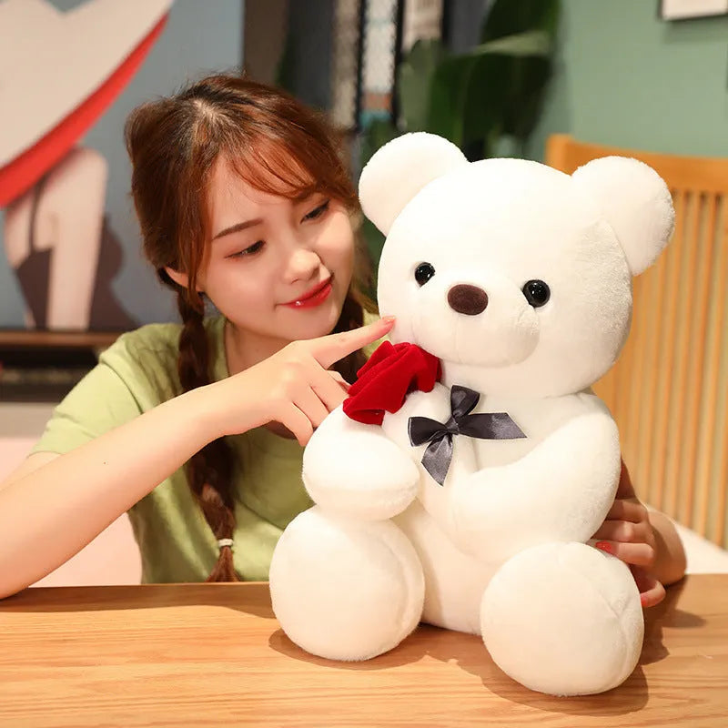 Rose teddy bear plush pillow stuffed animal doll in beige, brown or grey colours, shown in 23cm to 45cm sizes.