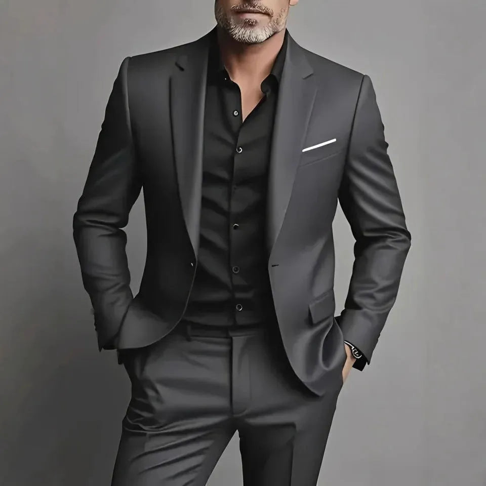 Men's slim fit cotton blend two-piece suit set in black with jacket and trousers on a hanger