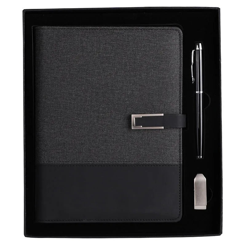 A5 soft PU leather business notebook in brown, open on wood-free paper pages.