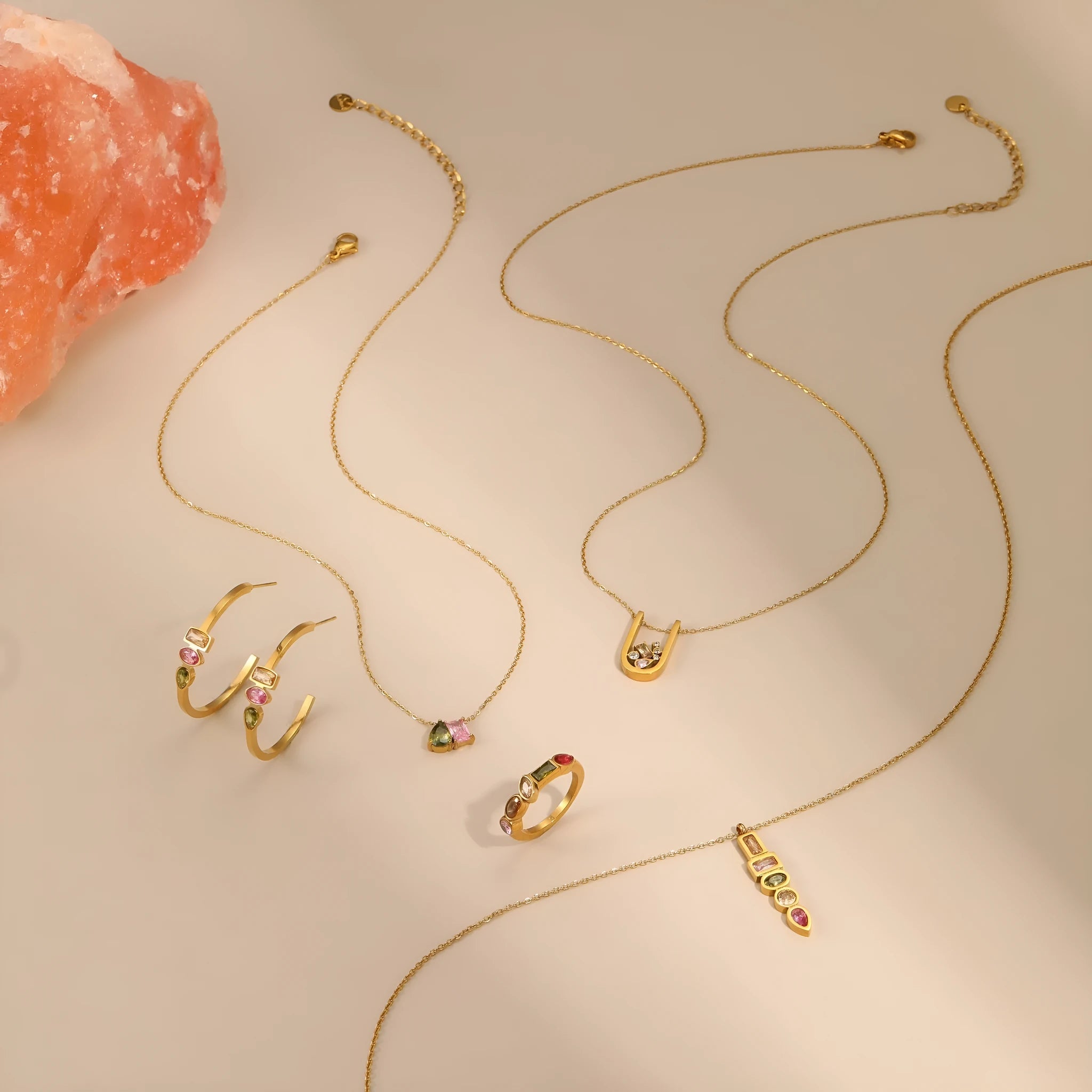 18K gold plated geometric zircon jewellery set showing necklace, ring and earrings with regular chain design