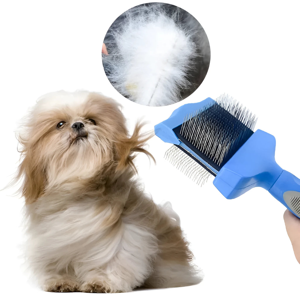 Double-sided blue pet brush for dogs and cats showing soft pins on one side and firm stainless steel pins on the other.