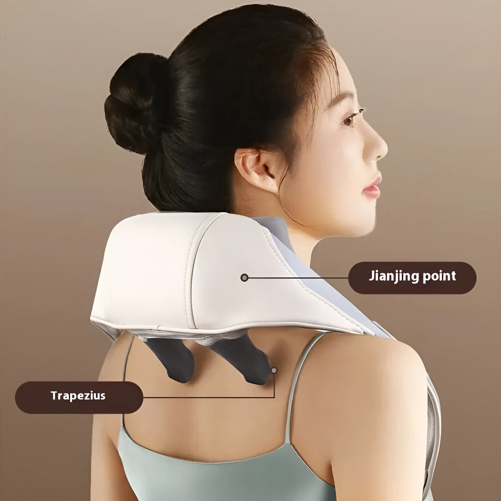 Blue rechargeable electric neck and shoulder massager showing foldable design