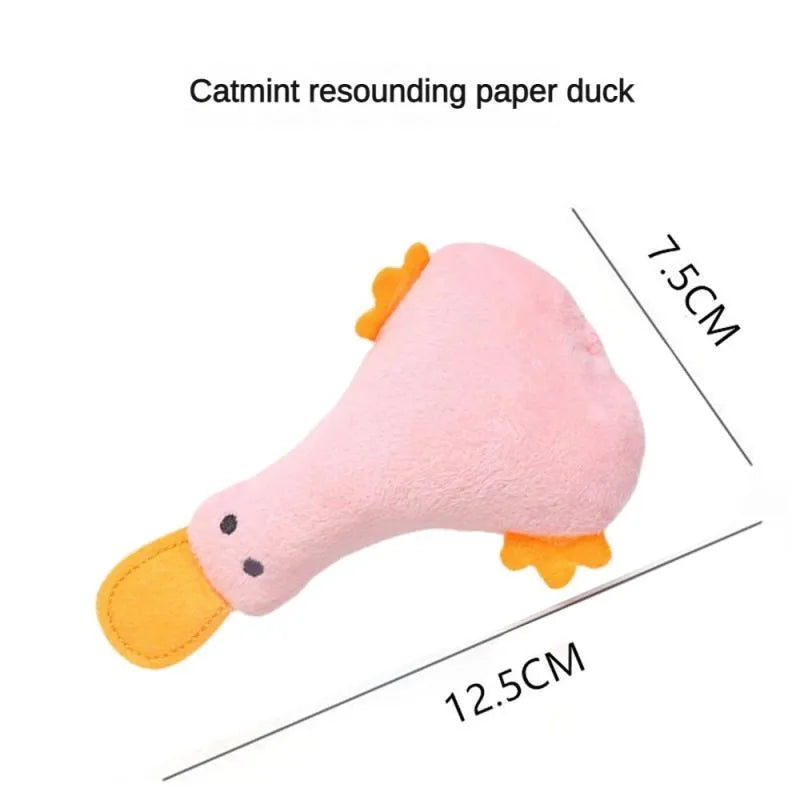 Colourful duck-shaped plush pet toy with squeaker and catnip for dogs and cats