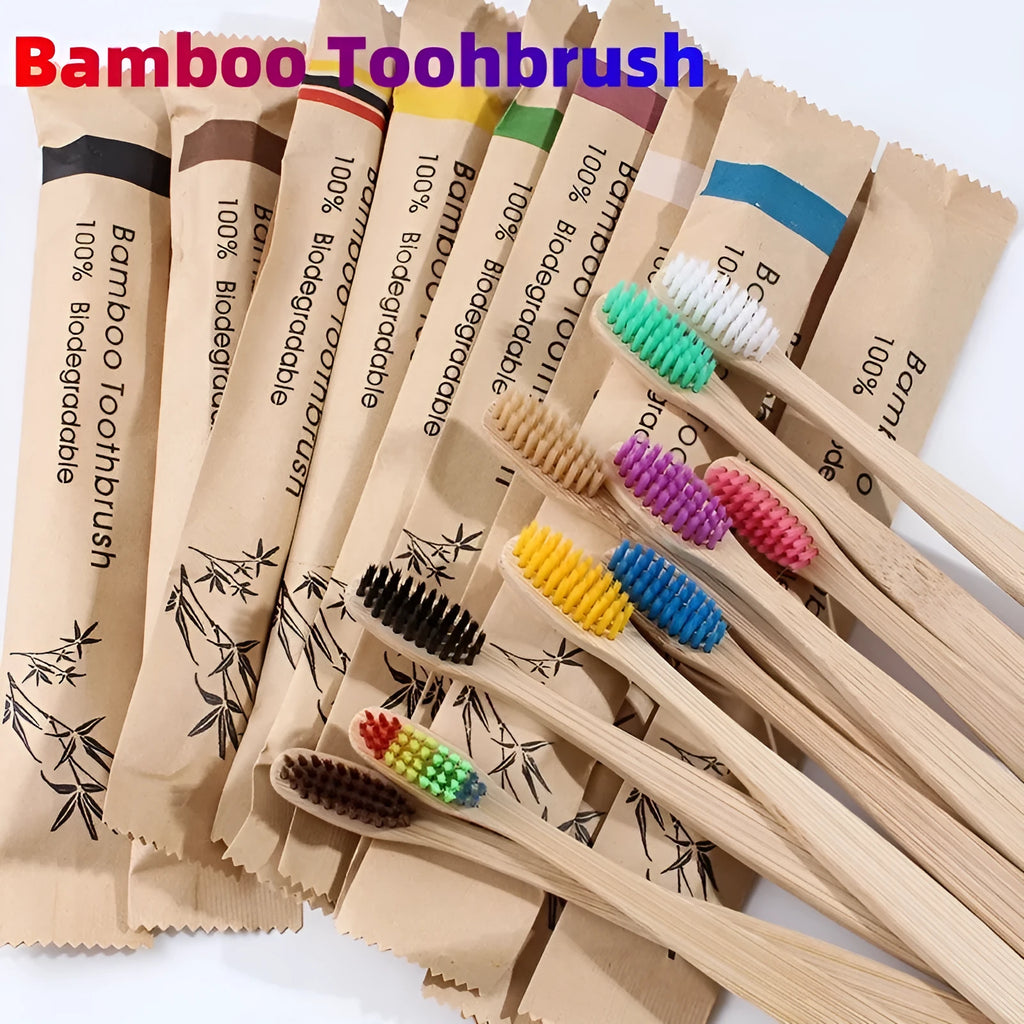 10-piece bamboo toothbrush set with charcoal bristles in multiple colours