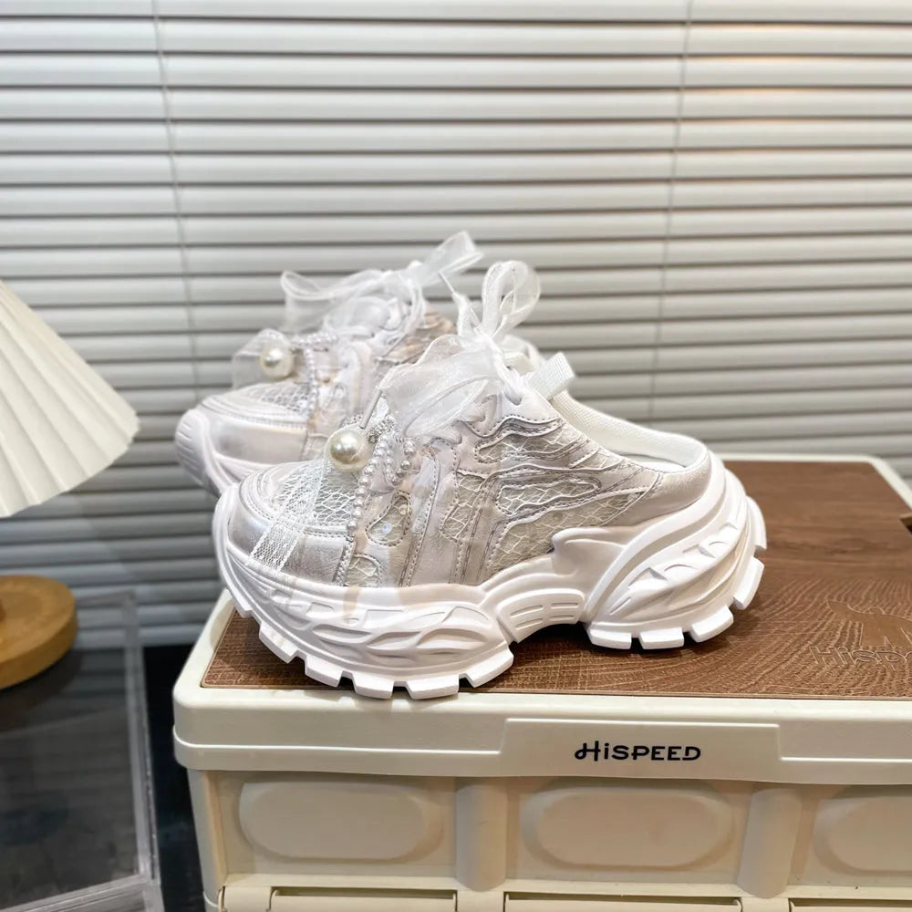 Pearl lace bow baby girl daddy shoes high heel 5-8cm gradient purple white first layer cowhide