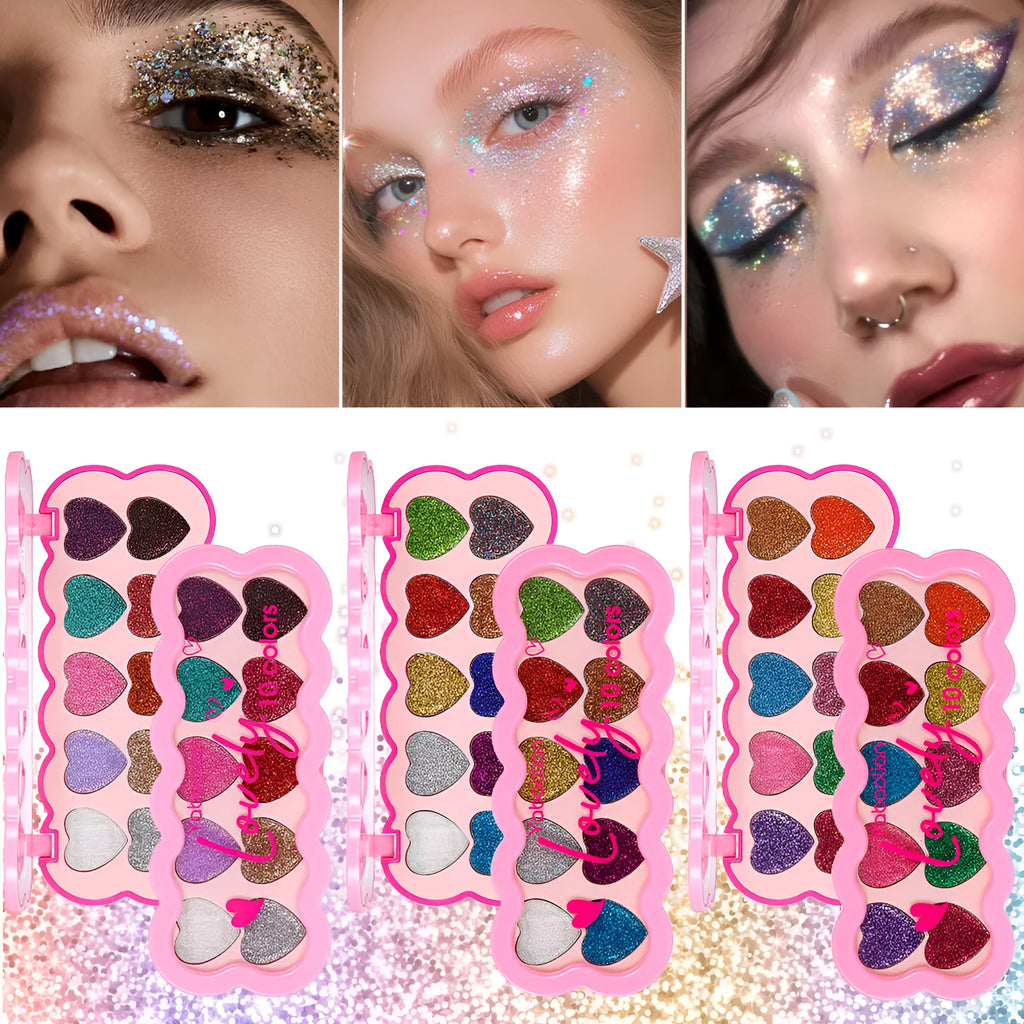 Pearlescent Heart ten-colour sequin eye shadow palette open showing shimmering shades