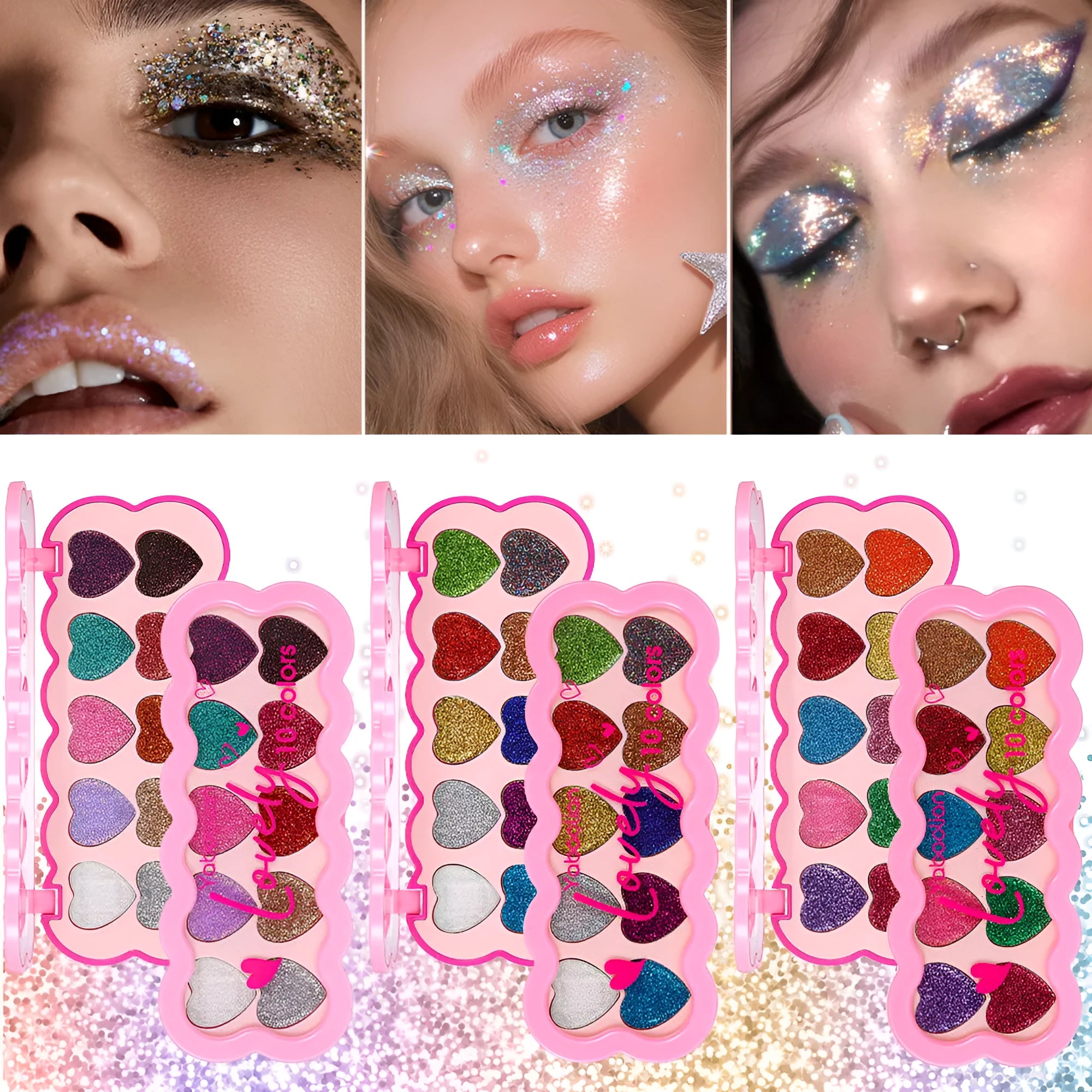 Pearlescent Heart ten-colour sequin eye shadow palette open showing shimmering shades