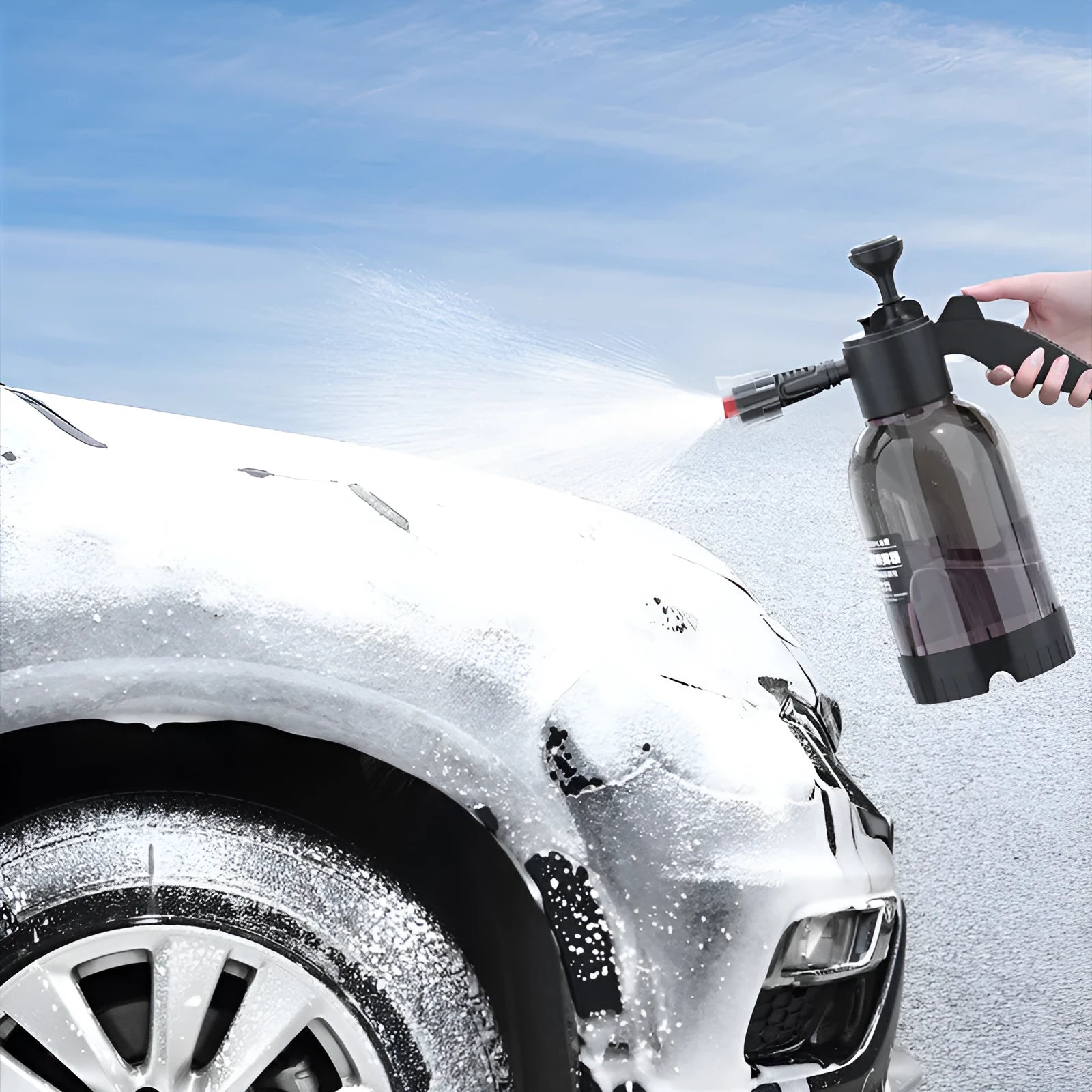 Black 2L foam watering can spray bottle with ergonomic handle and switch lock for car and household use.