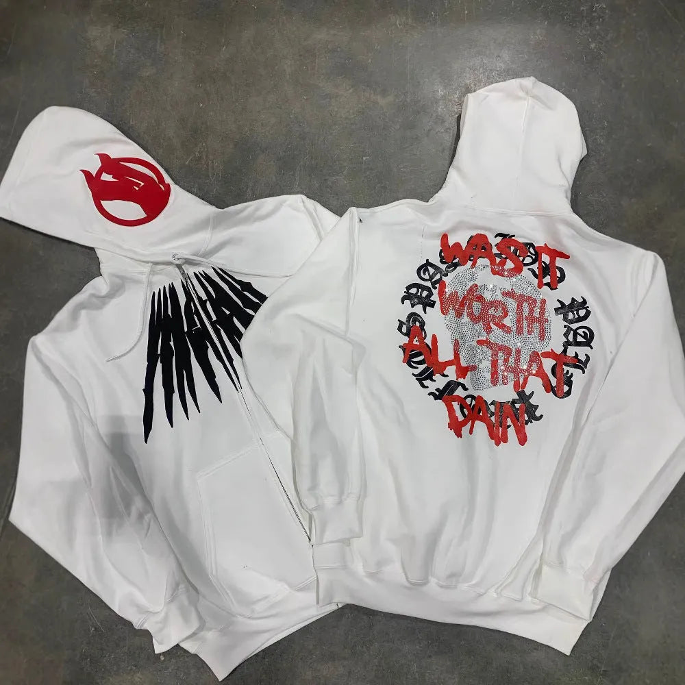 Black loose hooded cardigan sweatshirt with white printed skull letter pattern and rhinestone details.