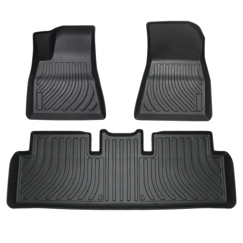 Rubber floor mats with TPE footrest designed for Tesla Model 3, Model Y, Model X, and Model S cars