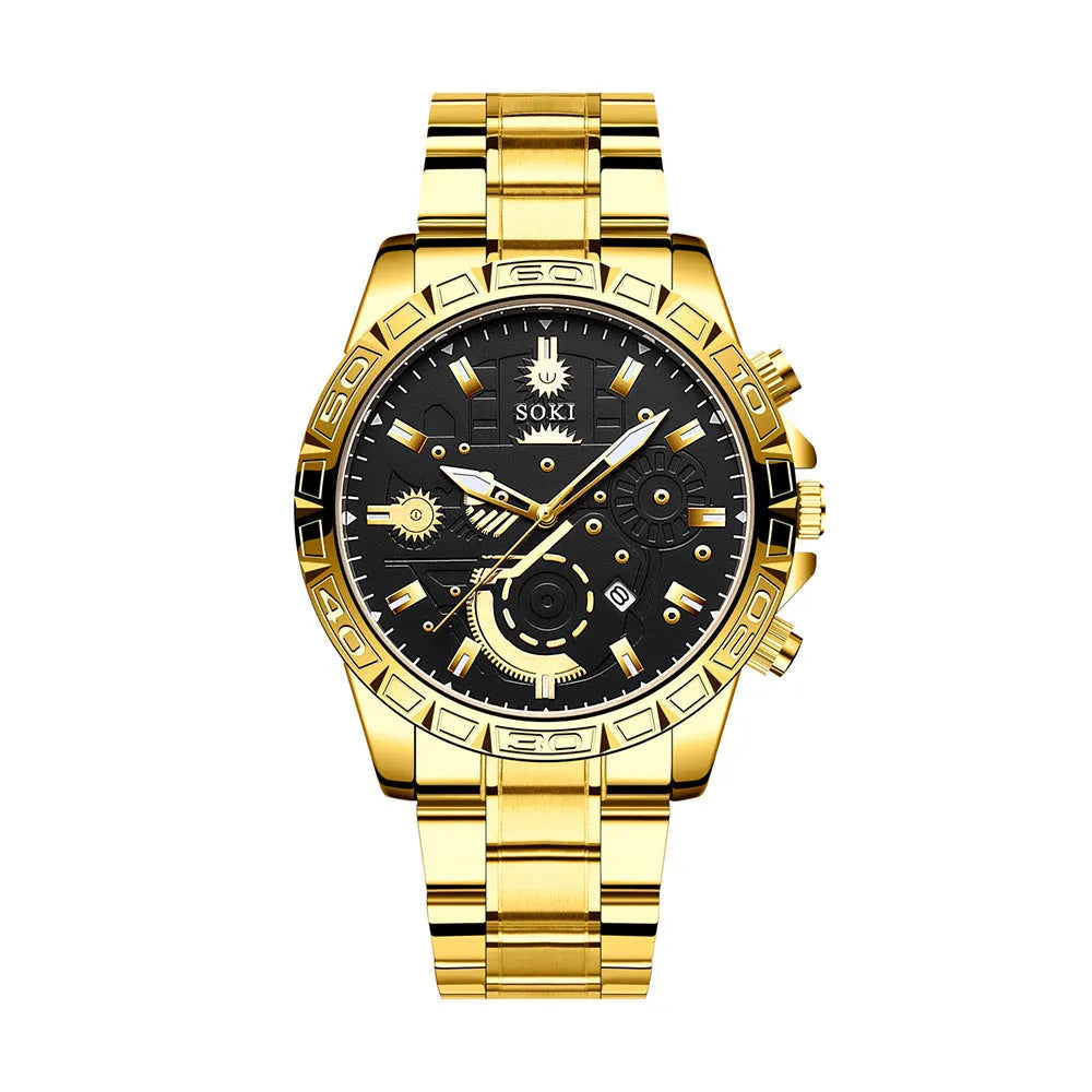 Men's gold business calendar quartz watch with stainless steel strap and buckle