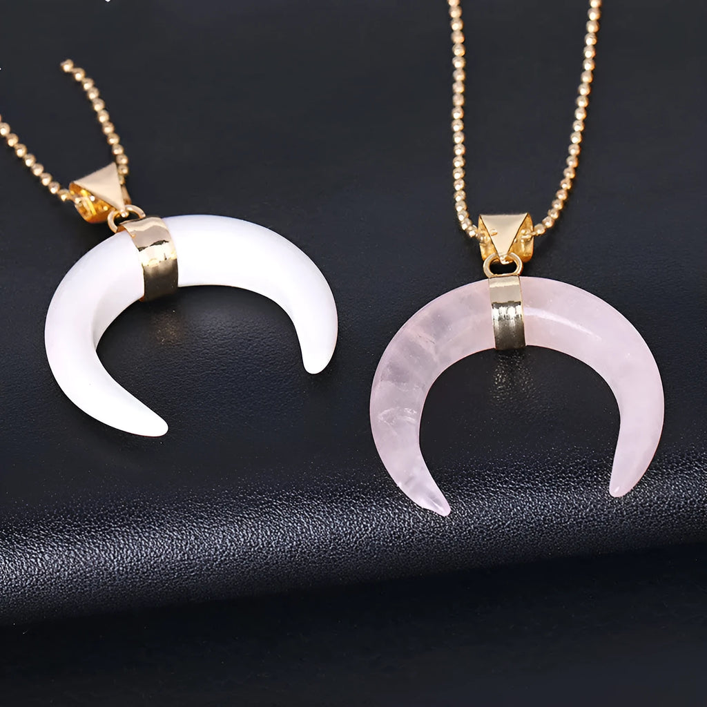 Crystal moon pendant necklace with natural stone pendant on electroplated copper chain