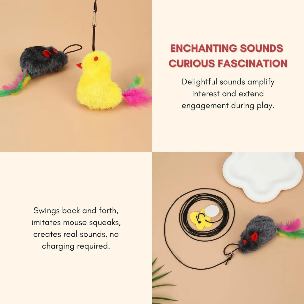 Grey and yellow interactive cat toy with retractable elastic rope, dangling mouse toy, and treat dispenser bulb