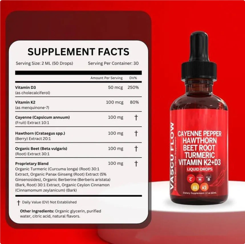 60ml bottle of Vitamin D3 and K2 liquid supplement drops with hawthorn fruit extract and a dropper.