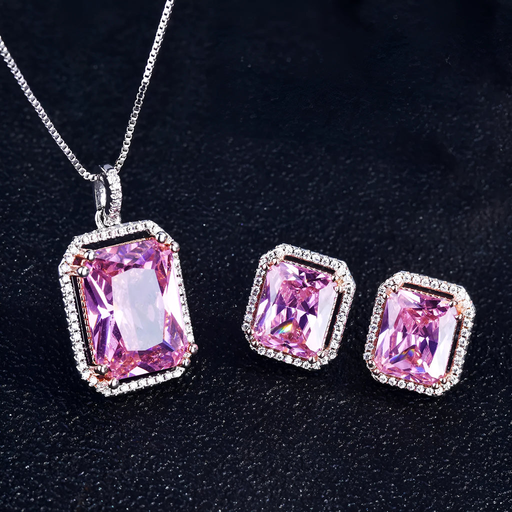 Copper geometric mixed gem inlay pendant necklace with box chain – pink diamond colour