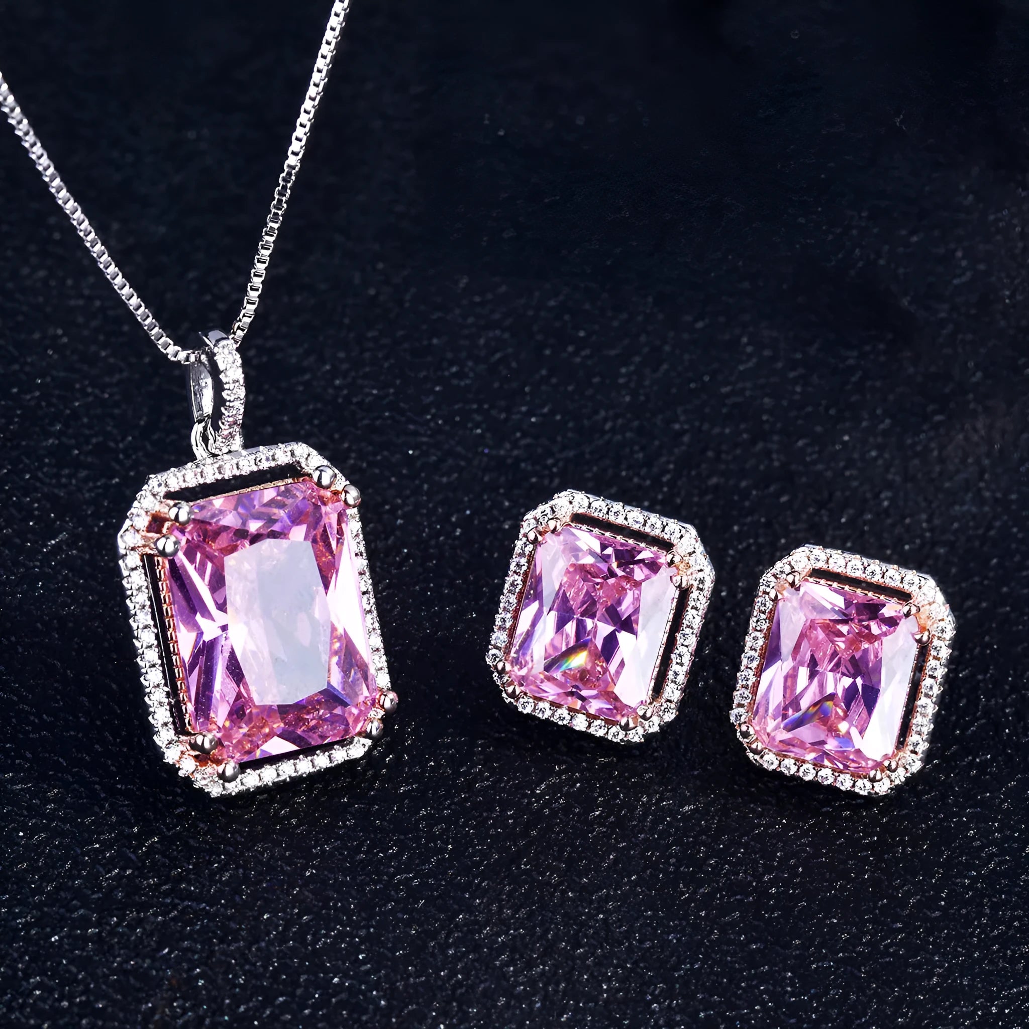 Copper geometric mixed gem inlay pendant necklace with box chain – pink diamond colour