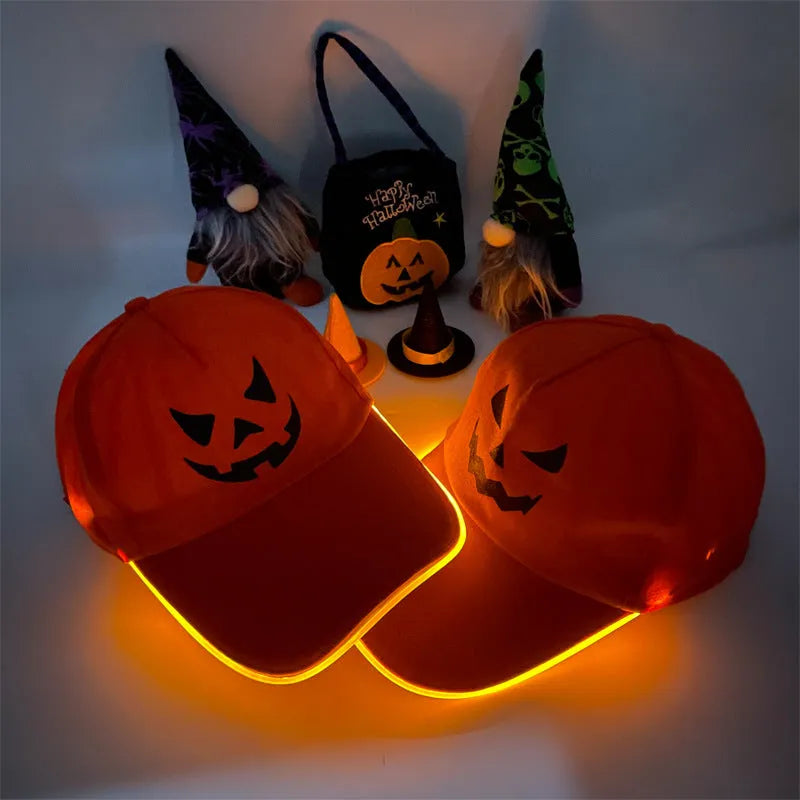New Halloween LED baseball cap cloth material free size pumpkin smile yellow light glowing cap