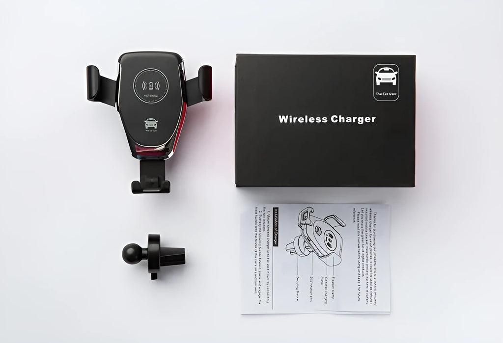 Black car wireless charger mounted on vent holding an iPhone for hands-free charging