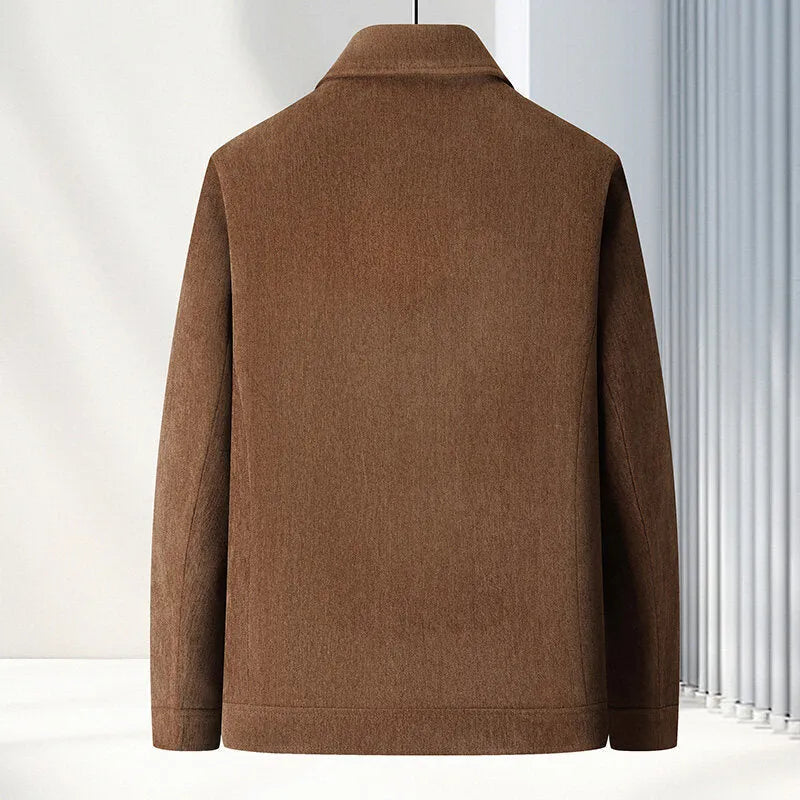 Men's slim fit lapel casual jacket in polyvinyl alcohol fibre fabric, shown in dark blue.
