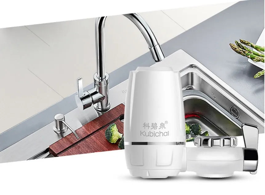 White plastic kitchen tap water filter with universal adapter and ceramic cartridge