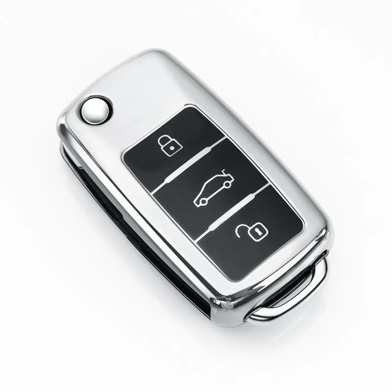 VW Model A car key TPU protective case in blue for 3-button folding remote.