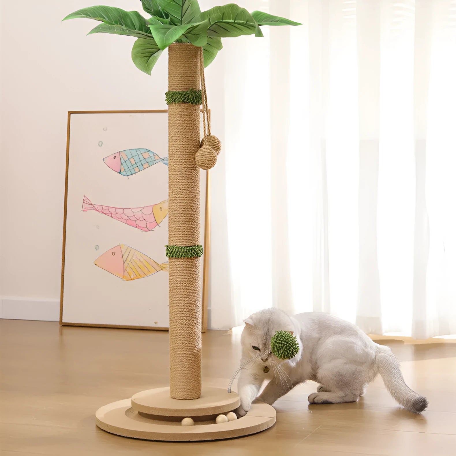 Vertical cat climbing frame with hemp rope scratching columns in canna colour