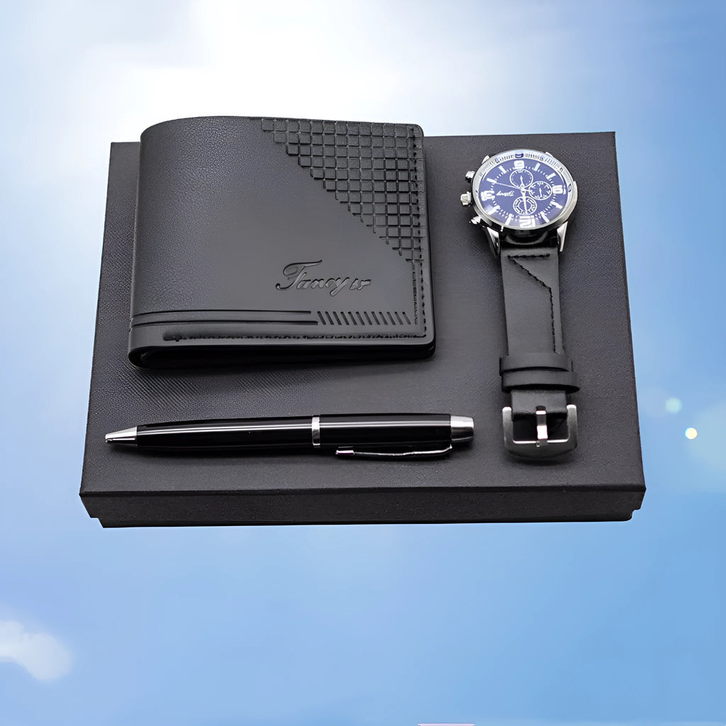 Creative holiday gift wallet pen watch set four-piece business promotional gifts black and brown options
