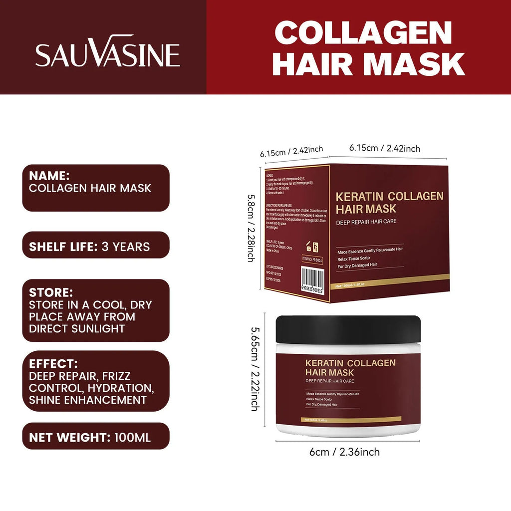 100ml pot of collagen protein hair mask for moisturising and repairing dry hair.