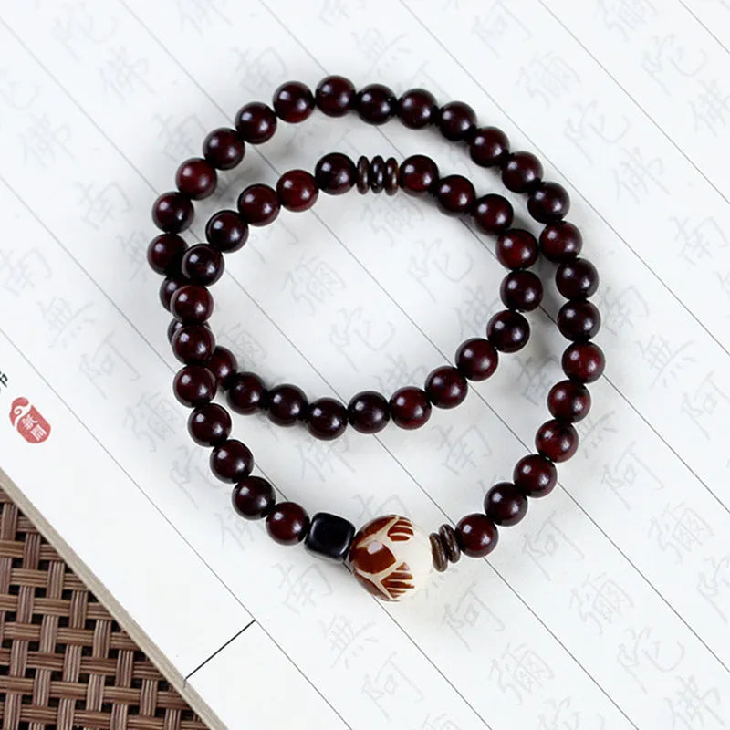 Rosewood double-ring bracelet with 10mm beads and retro floral pattern