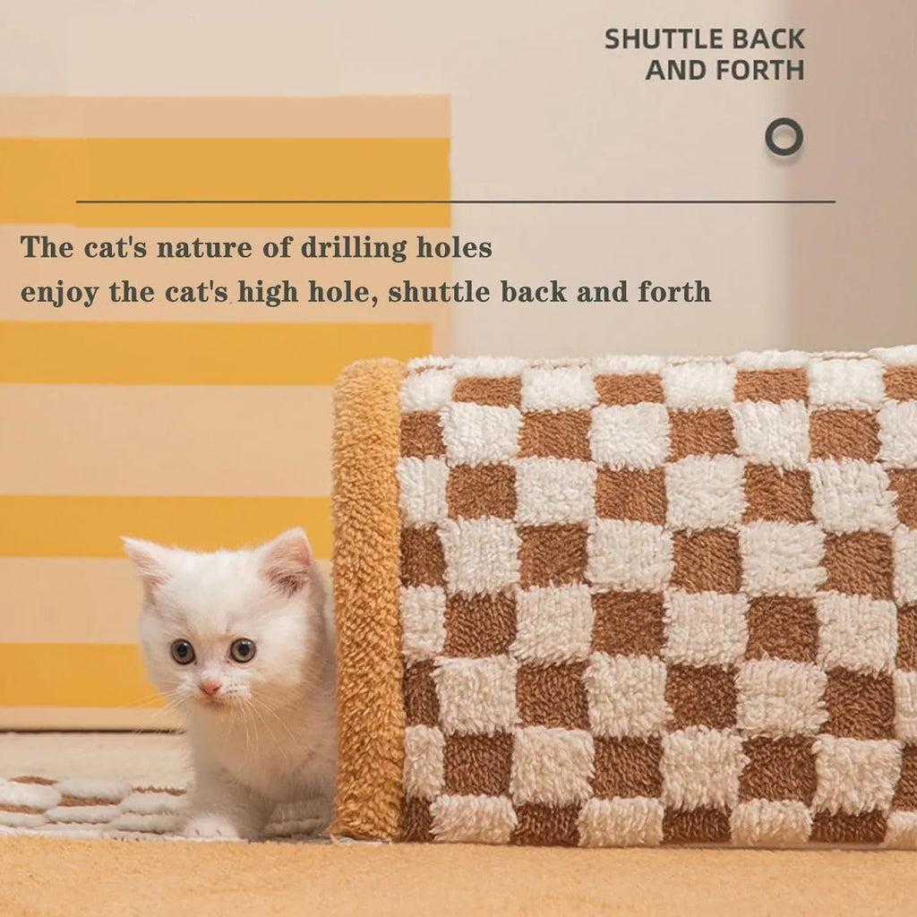 Brown plush plaid cat tunnel bed with central mat showing tunnel opening and non-slip bottom