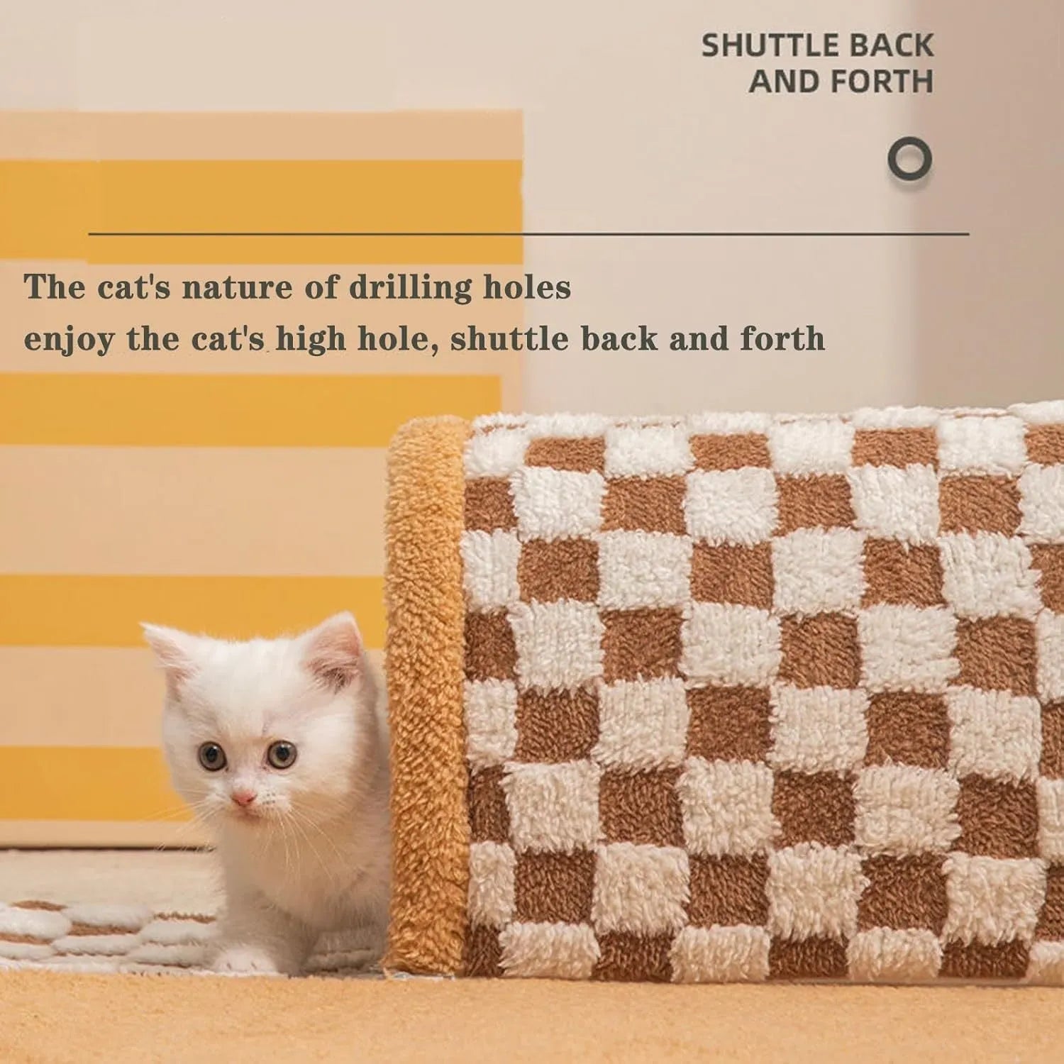 Brown plush plaid cat tunnel bed with central mat showing tunnel opening and non-slip bottom