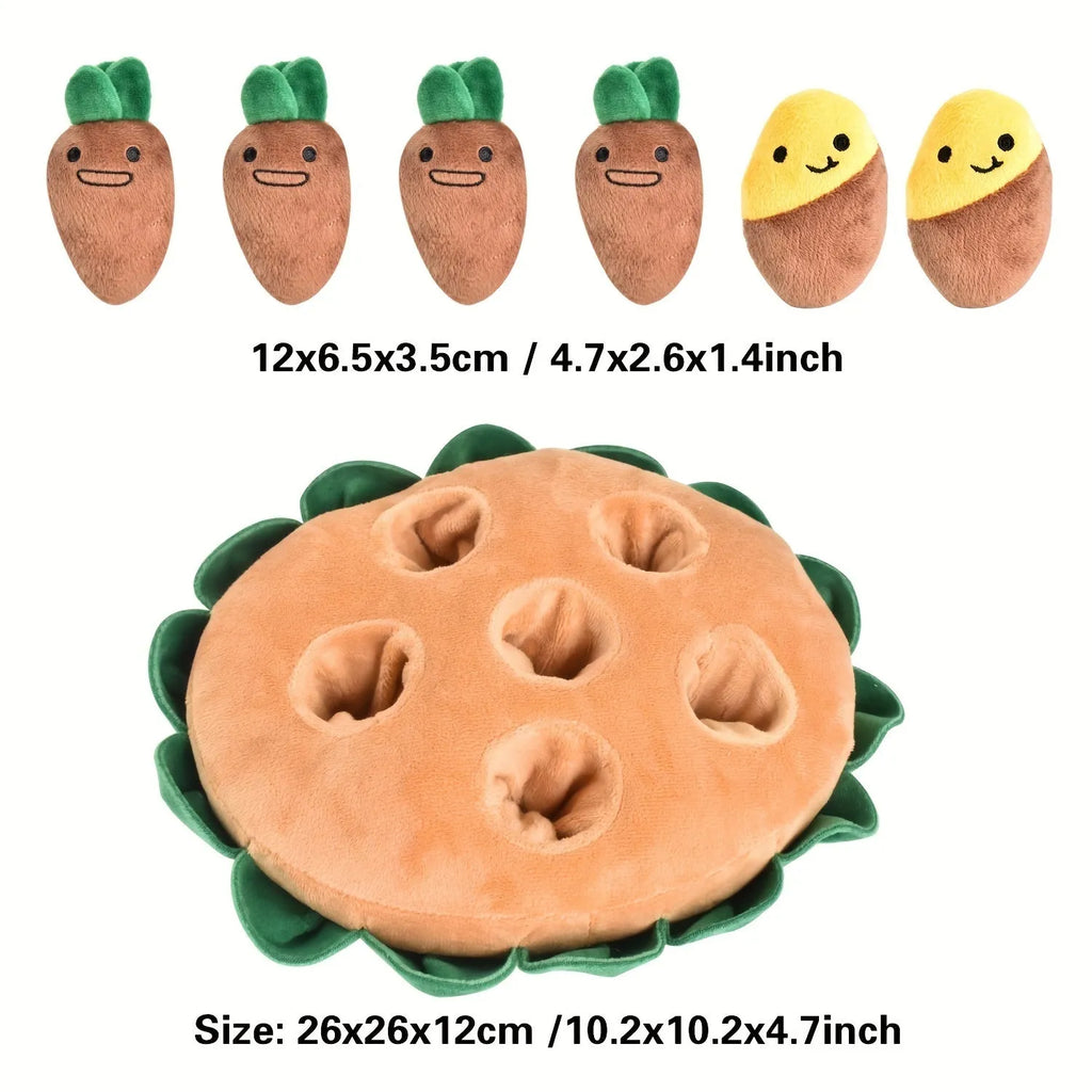 Yellow interactive dog puzzle pad with foraging pockets and removable squeaky plush toys