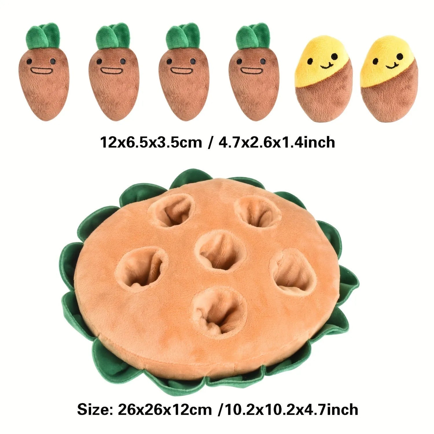 Yellow interactive dog puzzle pad with foraging pockets and removable squeaky plush toys