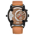 Mens big analogue wristwatch with leather strap and date window, 5cm dial, black colour option