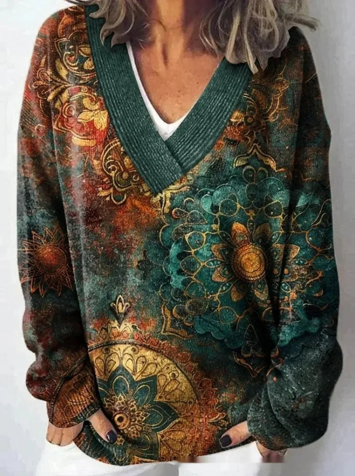 Women's V-neck long sleeve sweatshirt with a 3D printed floral pattern in a retro art style