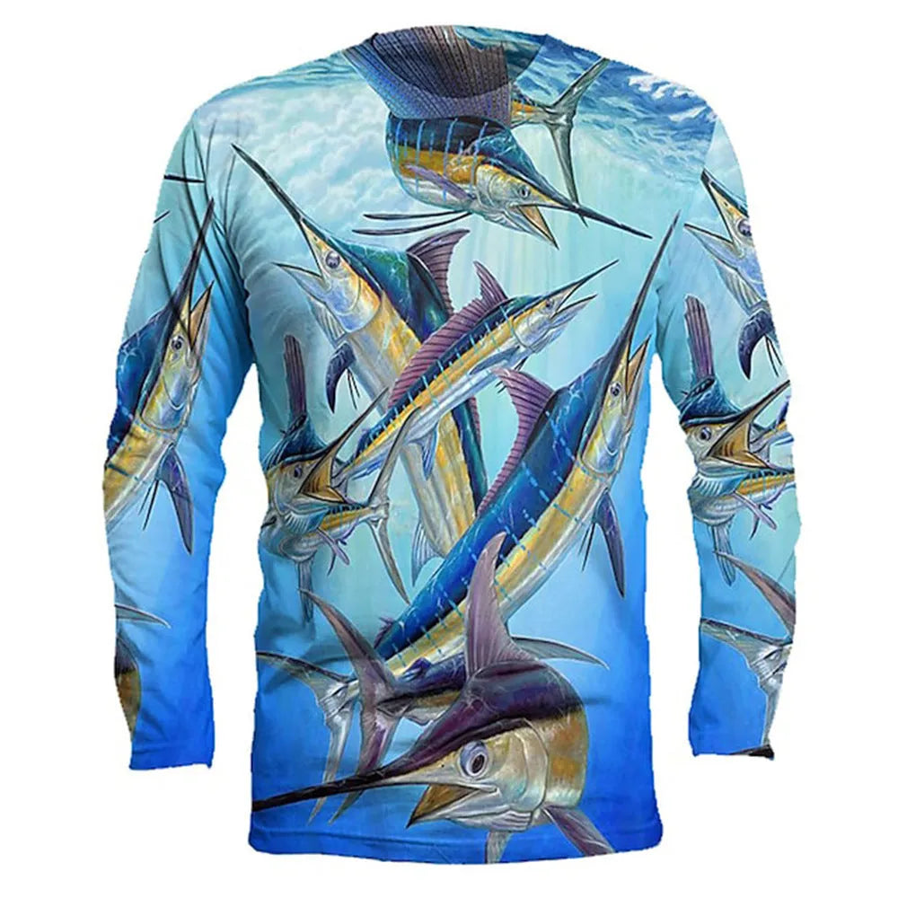 Men's grey pullover with a printed all-over fish pattern, round neck, and long sleeves.