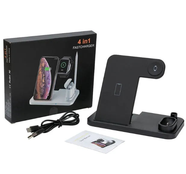 4-in-1 wireless charging station showing phone, Apple Watch, AirPods and Apple Pencil charging simultaneously on adjustable stand