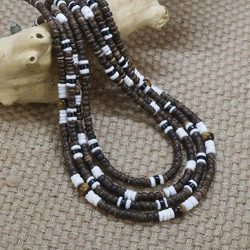 Men tribe ethnic coconut shell necklace with 5mm beads and natural stone, 46cm chain length, tribal style.