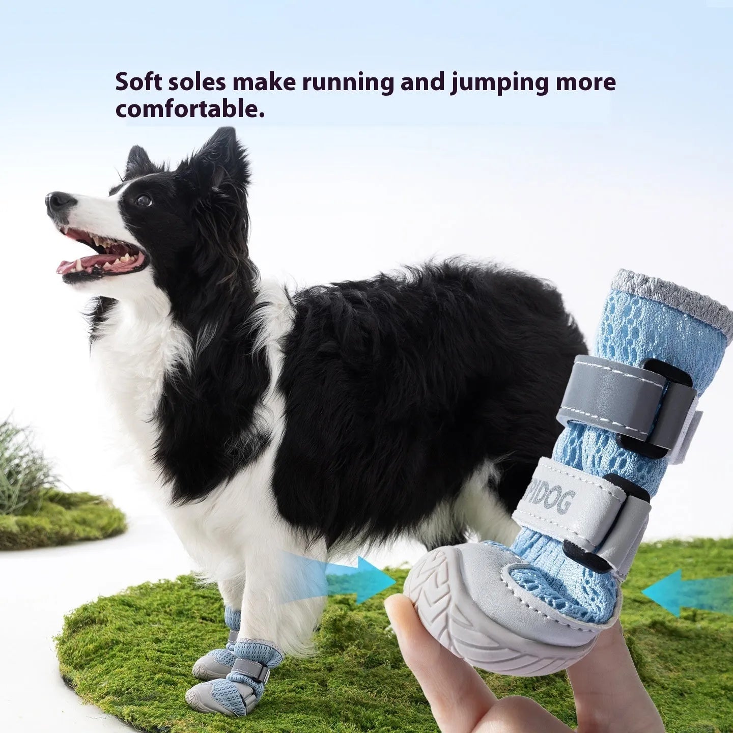 Cartoon-style blue and green PU dog shoes for summer, showing breathable anti-scald design