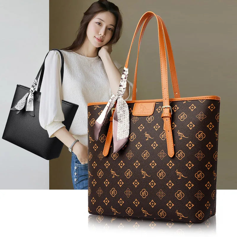 Large capacity women's shoulder bag in PU with horizontal square shape, double shoulder straps, printed pattern, black colour option