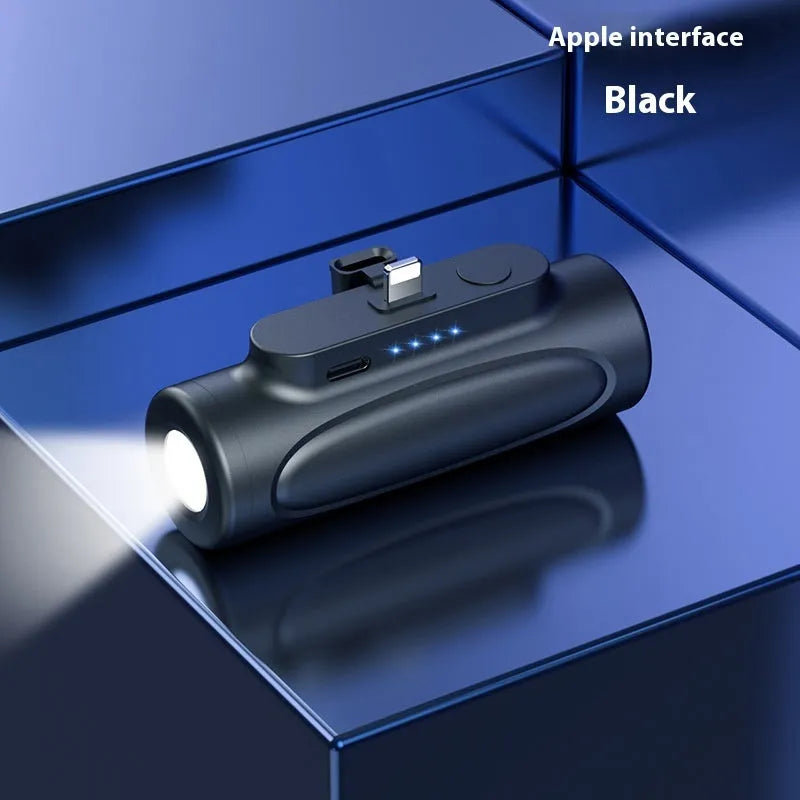 Black Glare power bank with integrated LED flashlight showing USB-C port and compact size.