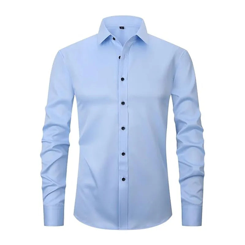 Men's polyester stretch long sleeve work shirt shown in multiple colour options with size chart