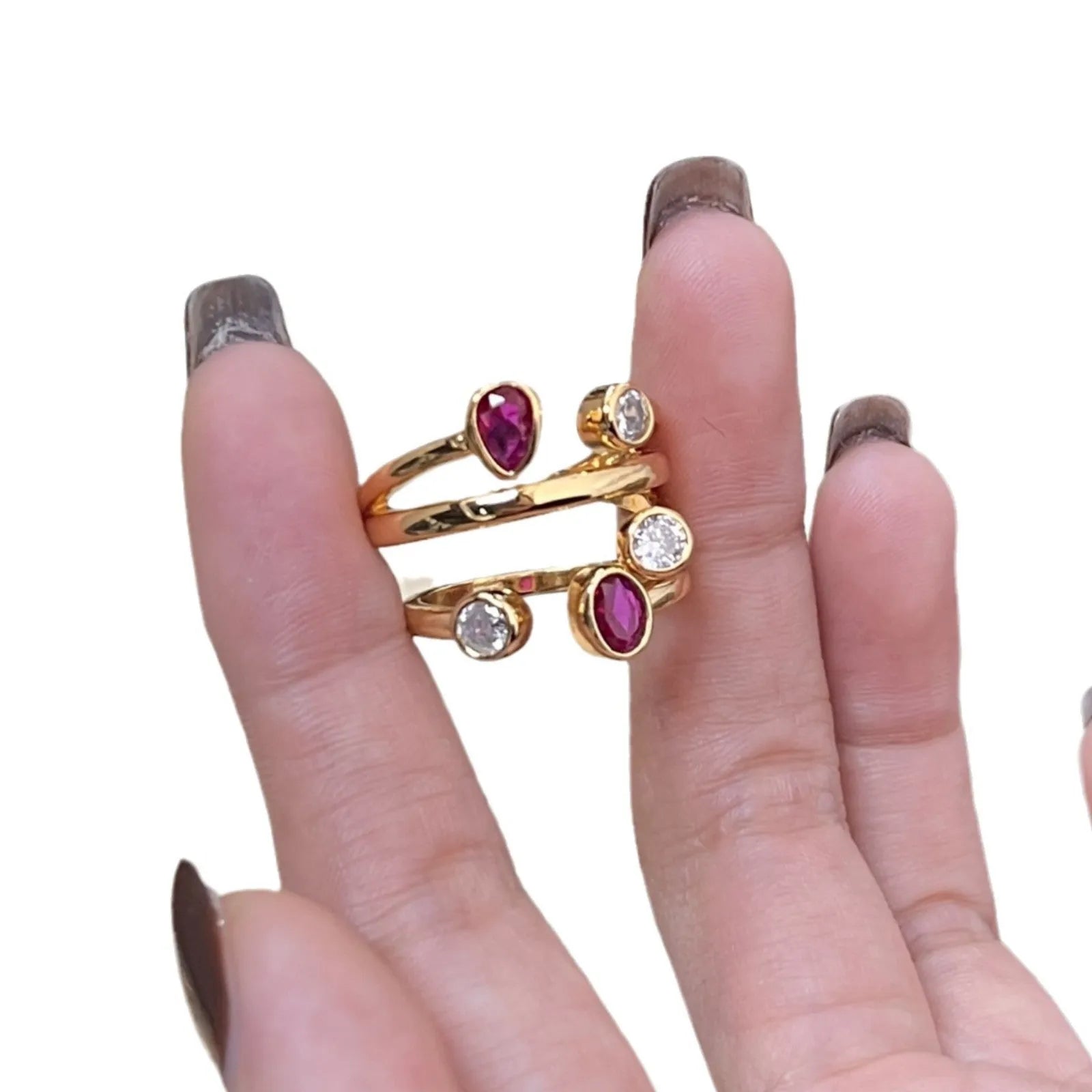 Geometric irregular cross ring with two-tone electroplated finish and group diamonds