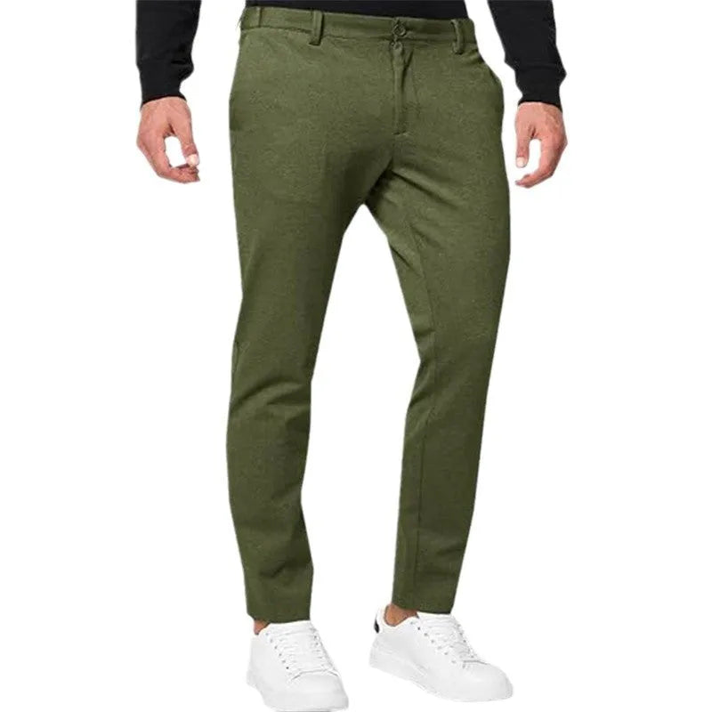 Men's slim-fit tapered chino trousers in a cotton blend fabric shown in a solid colour.
