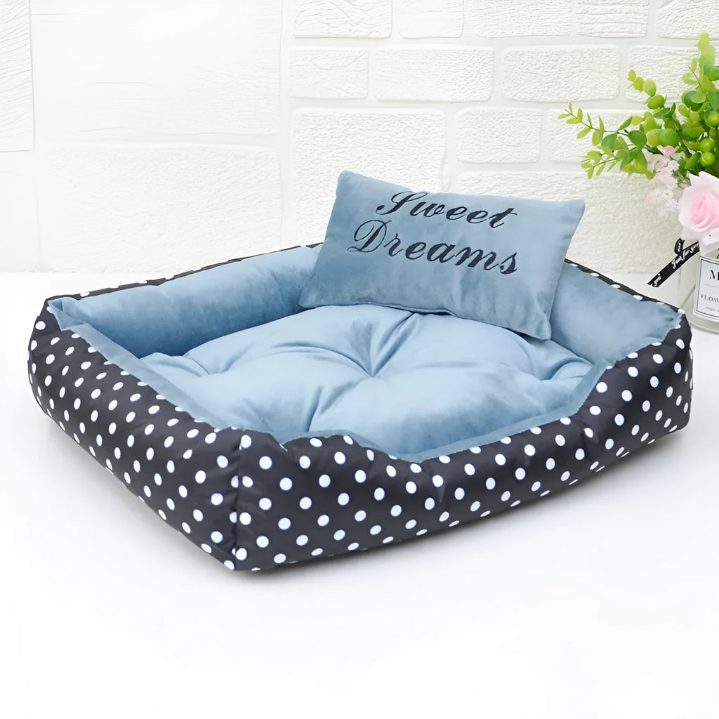 Polka dot printed small dog bed with detachable square pillow in grey, blue, pink, or red colour options