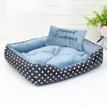 Polka dot printed small dog bed with detachable square pillow in grey, blue, pink, or red colour options