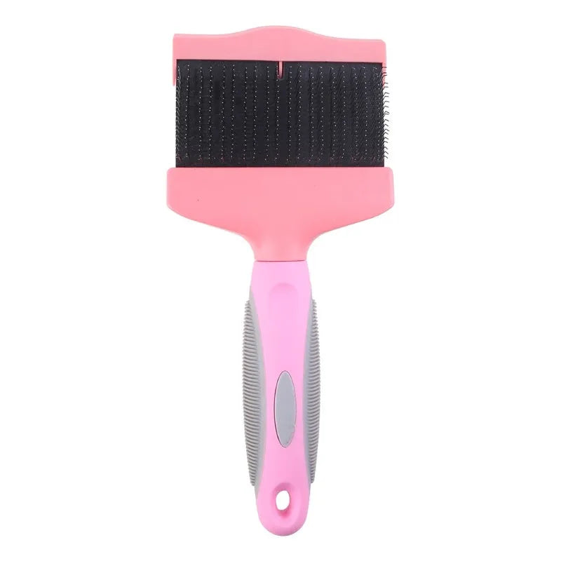 Double-sided blue pet brush for dogs and cats showing soft pins on one side and firm stainless steel pins on the other.