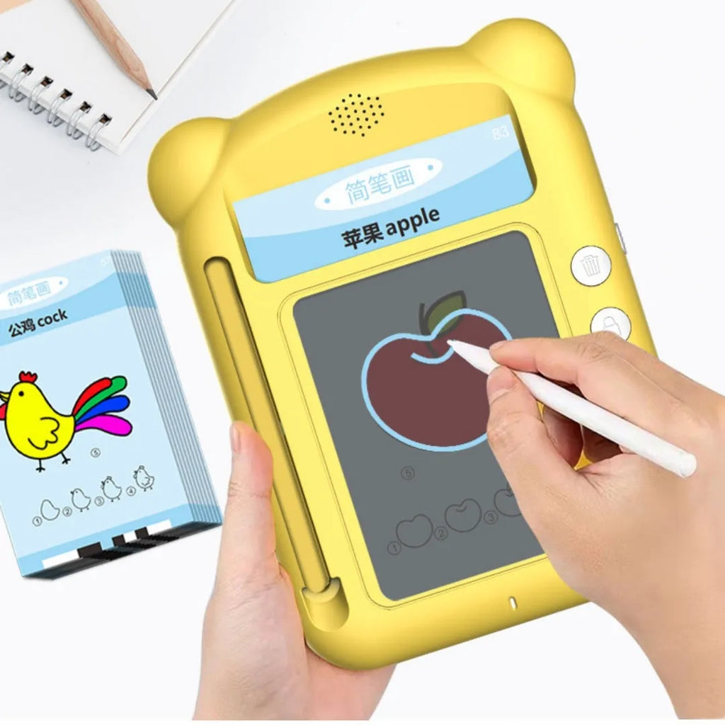 Yellow bilingual early learning machine with educational cards for emotion and hearing training