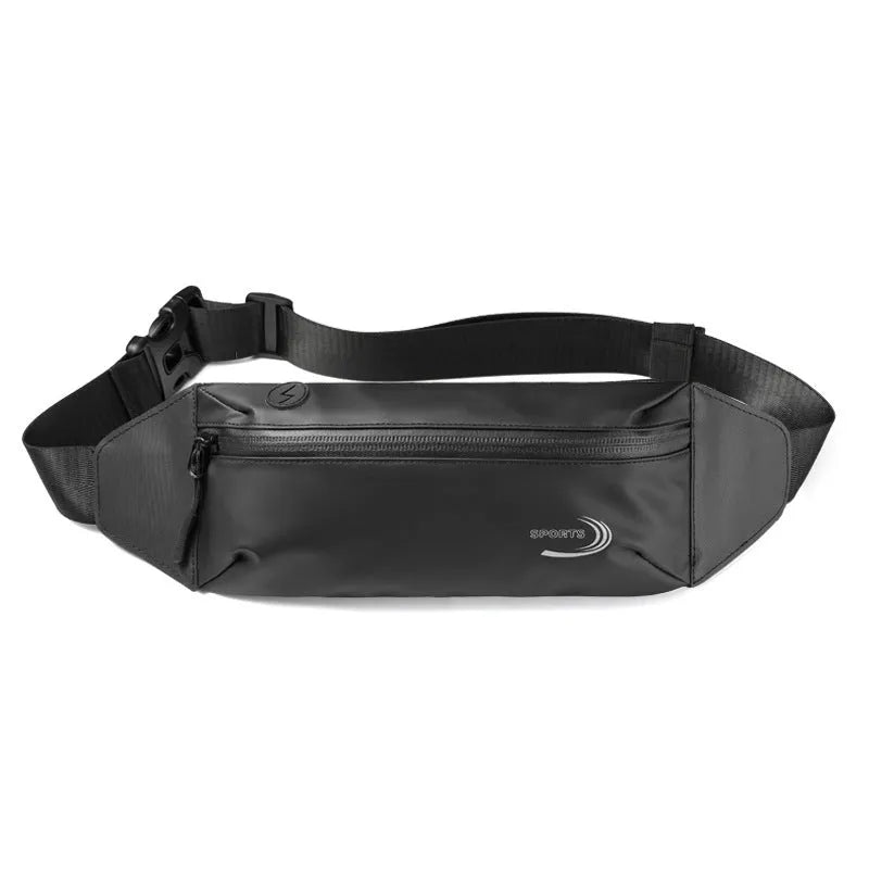 Men's black waterproof sports waist bag with adjustable strap, shown with dimensions 45cm by 10cm.